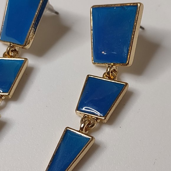 Blue And Gold Tone Metal Long Dangling Triangle Earrings - Picture 4 of 11